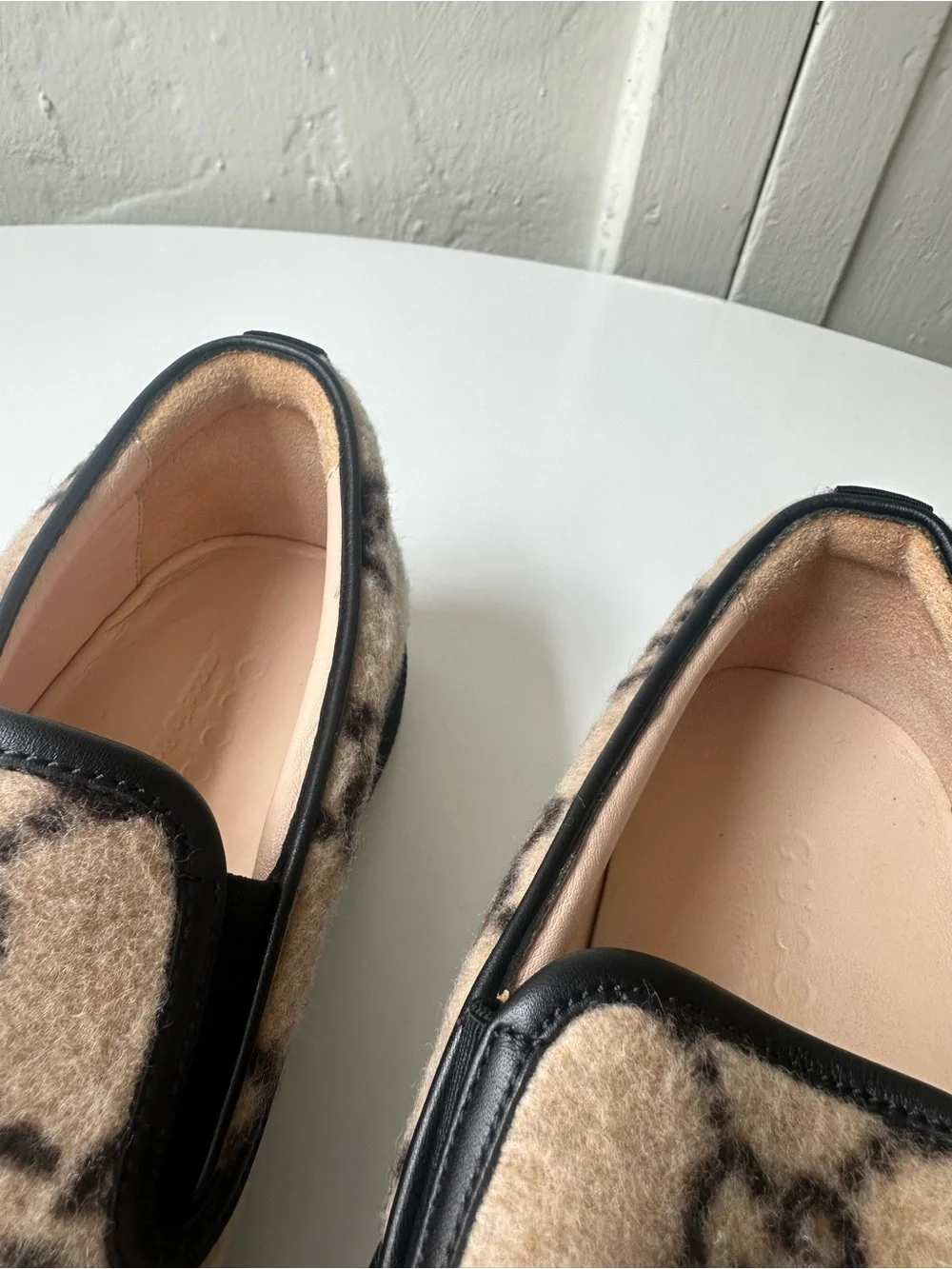 Gucci Beige GG Wool Slip-On Loafers with Black Trim